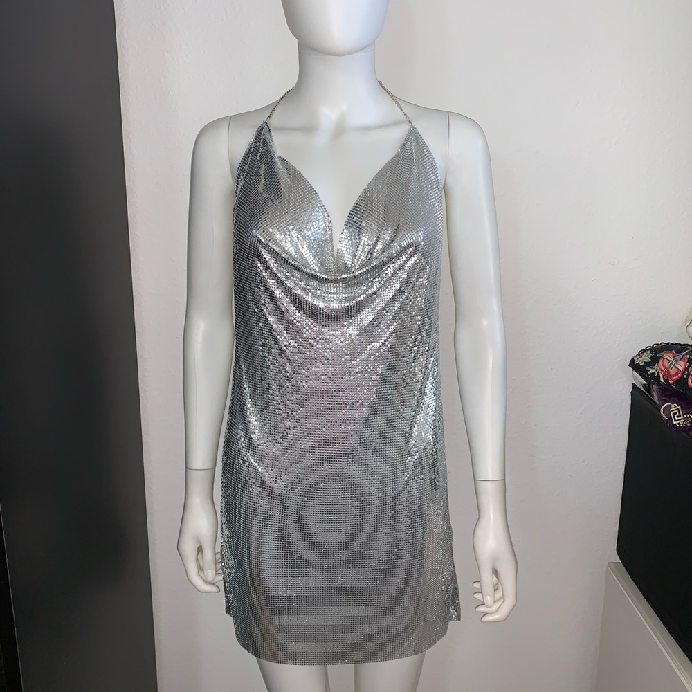 💃 EXPRESS silver chainmail metal mesh halter party dress S M - Picture 5 of 11